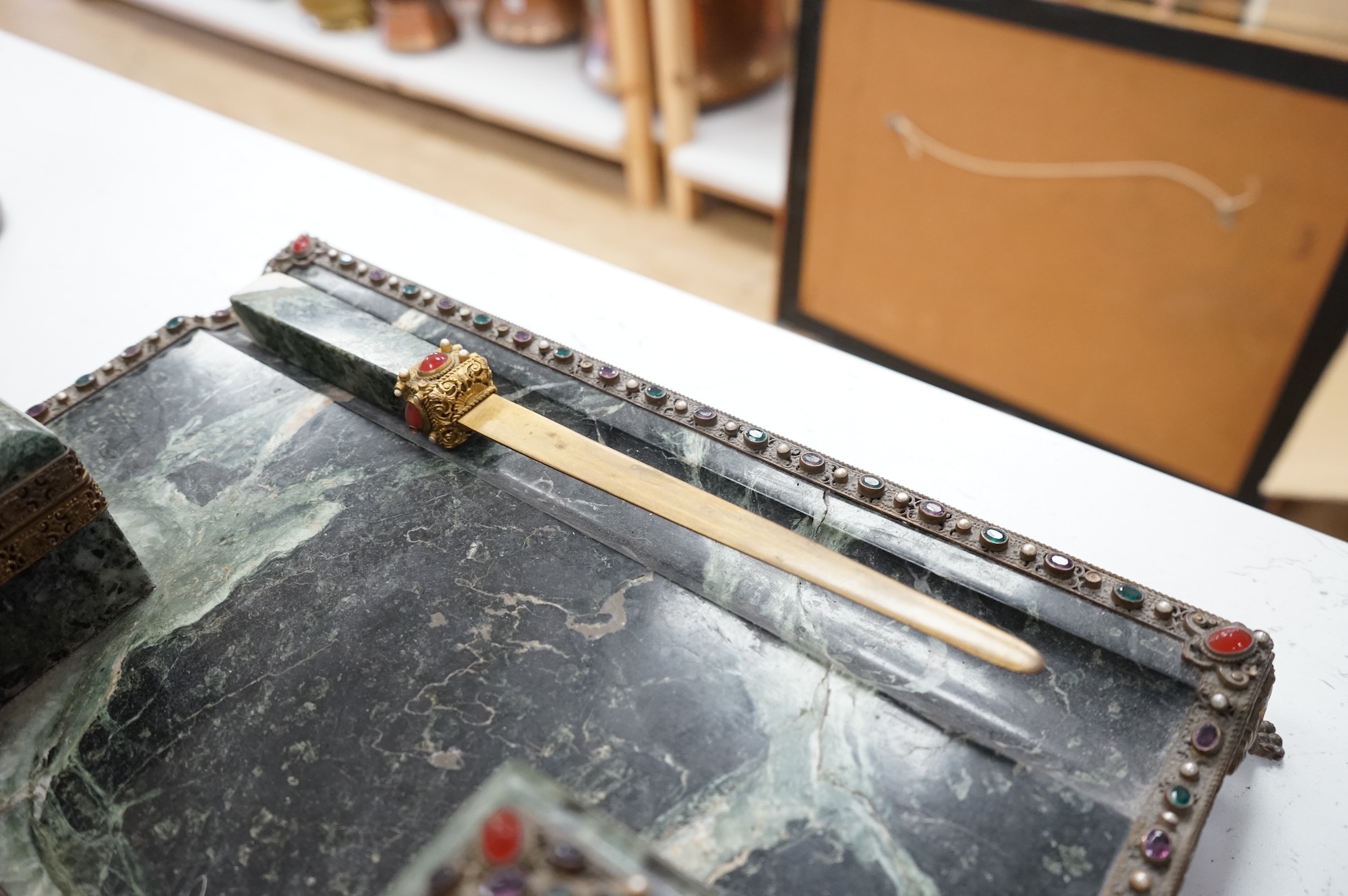 A Victorian papier maché mother of pearl inlaid writing slope and a 19th century French marble desk stand, 36cm wide